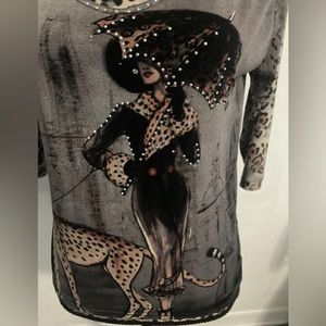 Chic Women’s S/M Unique Woman Walking Cheetah Embellished Rhinestones 21L X 19W